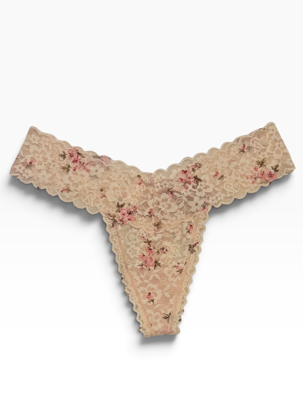 Victoria's Secret Beige Lace Thong with Pink Floral Embroidery